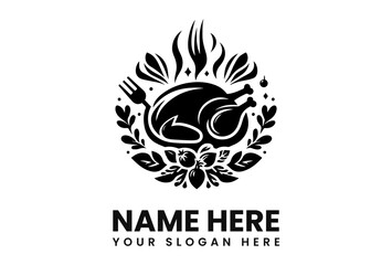 Stylized black and white logo featuring a roasted chicken surrounded by leaves, a fork, and rising steam.