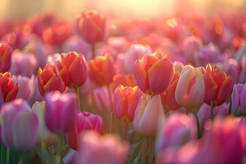 A Vibrant Tulip Field Panorama at Sunrise, with the First Light Touching the Colorful Blossoms