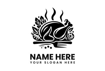 Stylized black and white logo of a cooked turkey on a platter with garnish and steam.