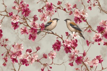 Beautiful Birds Perched on Sakura Branches in Springtime Blissful Harmony Generative AI
