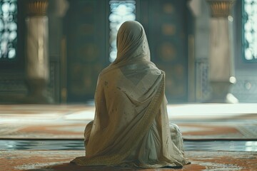 High Quality Visual of Backview of Unrecognized Muslim Woman Praying