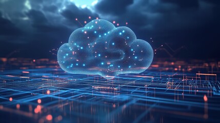 3D visualization glowing digital brain composed of network of dots and lines, positioned above futuristic circuit board, symbolizing artificial intelligence, technology, and computational power