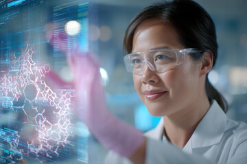 A scientist wearing protective glasses interacts with a digital molecular structure on a transparent touchscreen in a high-tech lab setting.