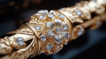 Elegant gold pen with floral motifs and diamond accents, showcasing true opulence and artistry