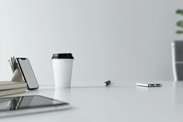 Detailed Color Picture of Office Desk Table with Cup, Supplies, Phone on White
