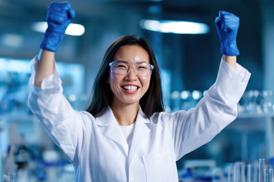 A joyful female scientist in a lab coat and protective gloves celebrates a successful experiment in a modern laboratory setting.