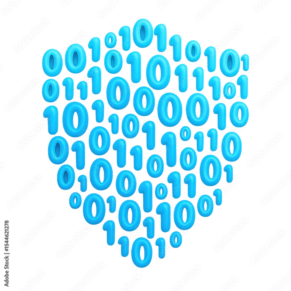 Poster vibrant shield composed of binary numbers, symbolizing digital security and technology. blue tones c