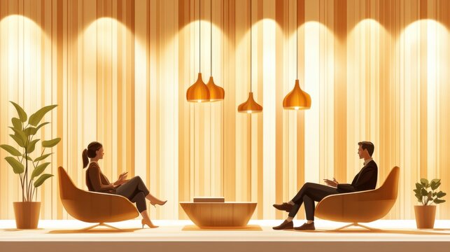 A serene interior digital art scene of a quiet, accessible therapy room, with a therapist and client engaged in a supportive conversation, illustrating Health Awareness for mental health support.