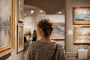 person from behind looking at painting in art gallery
