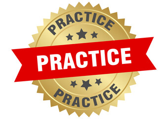 practice. practice round red and gold label isolated on transparent background