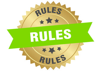 rules. rules round green and gold label isolated on transparent background
