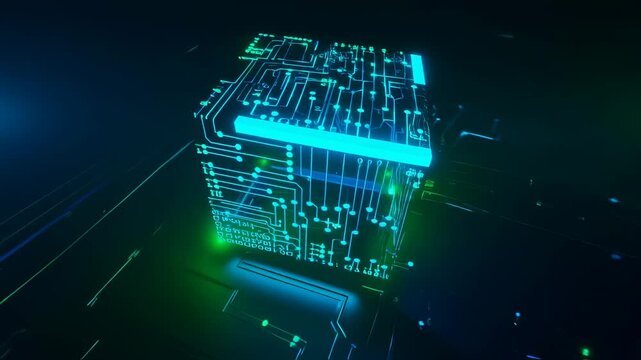 Abstract technological cube with binary code moving, symbolizes processing data and computing