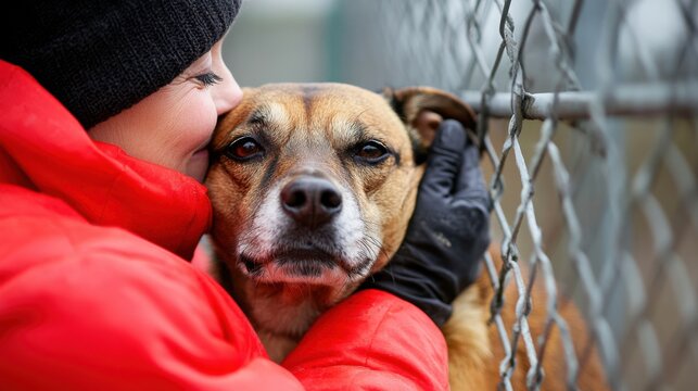 A realistic photograph of a compassionate volunteer gently petting a rescued dog at an animal shelter, with soft, empathetic lighting emphasizing the connection and comfort. The composition uses a