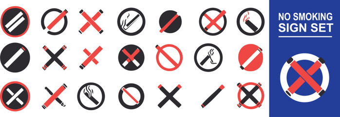 Set of no smoking icons with red color and different lines. For symbols or signs of places where smoking is prohibited in print or online media such as banners, flyers and posters.