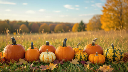 Row of pumpkins, gourds, autumn leaves, and grass in sunny field, peaceful fall mood