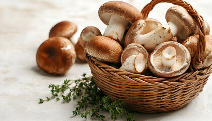 Basket with fresh mushrooms and thyme on light background