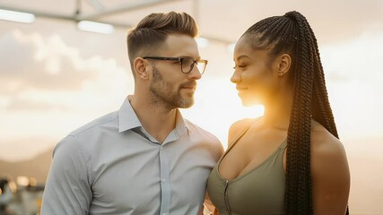 Diverse couple sharing intimate moment outdoors during golden hour - Powered by Adobe