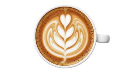 Overhead view of a latte with a tulip and heart latte art design in a white cup.