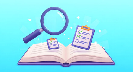 3D illustration of open book with checklists and magnifying glass on blue background