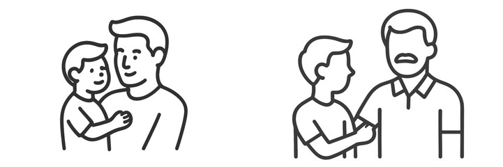 Father and son sharing a warm moment and a gentle conversation with caring expressions in a simple line art style