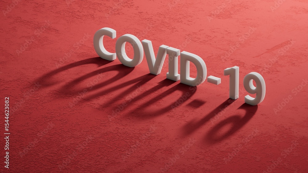 Poster covid-19.shadow of 3d charcaters spelling.flat lay view from above on red background with shadow of 