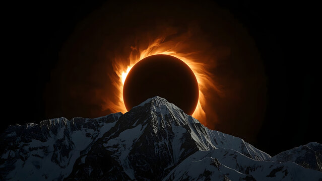 Dramatic total solar eclipse with a vibrant corona radiating around the dark silhouette of the moon, majestically positioned above a snow-capped mountain range, showcasing a rare celestial event
