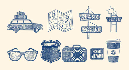 Classic road trip doodle set. Packed car, map, vintage motel sign, sunglasses, highway shield, camera and coffee cup in blue line. Retro travel clipart for postcards