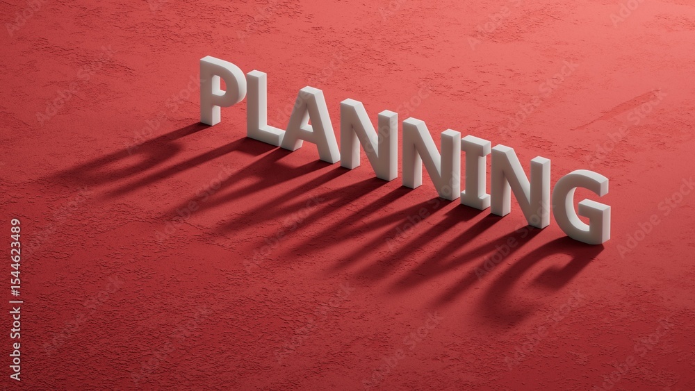 Poster planning.shadow of 3d charcaters spelling.flat lay view from above on red background with shadow of 