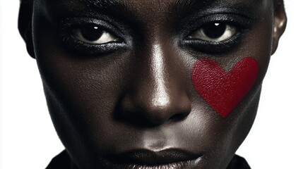 Red heart makeup painted on Black woman's melanated skin. Gaze, stare
