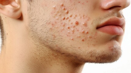 Teen's face with pimples on the cheek. Blemished spots. Acne