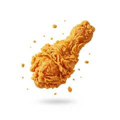 Crispy fried chicken drumstick levitating with scattered crumbs on a white background