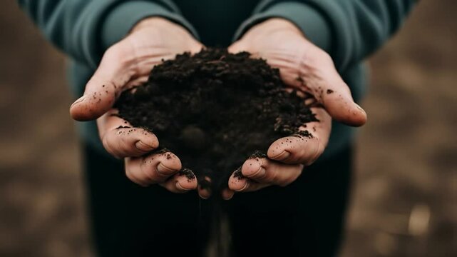 Hands Holding Soil: A Video of Earth Falling Through Fingers, Close-Up View