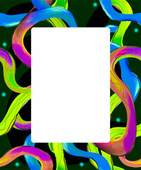 Abstract frame with curved linear composition of colorful intertwined neon lines. Vecto
