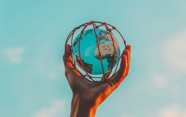A hand beneath a small Earth model representing world care and togetherness Isolated on white Background