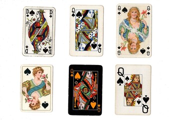 A vintage playing card in different designs isolated on a white background.