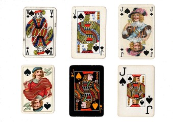 A vintage playing card in different designs isolated on a white background.