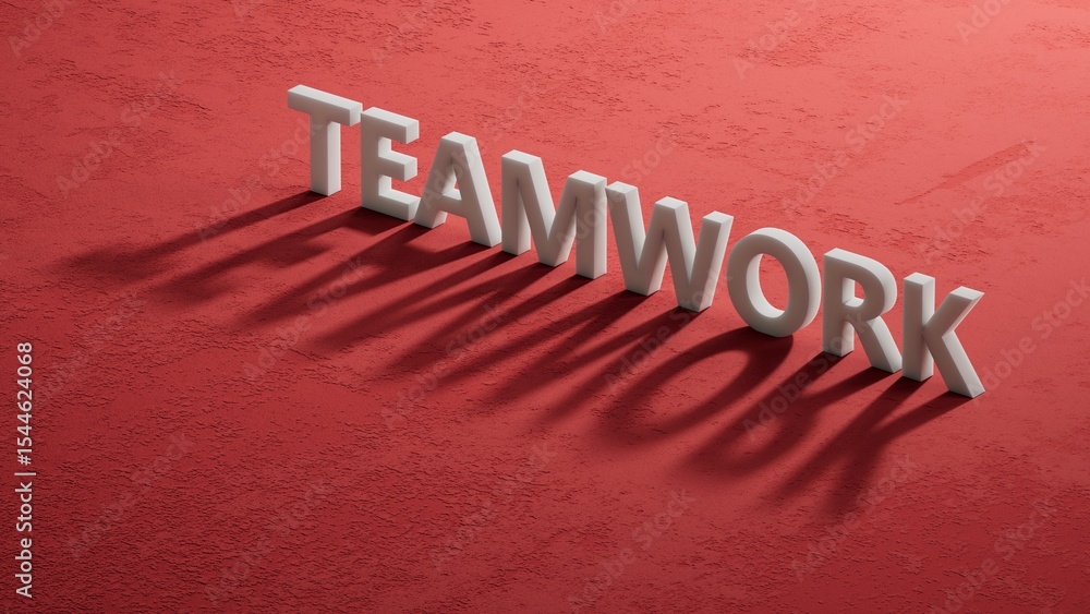 Poster teamwork.shadow of 3d charcaters spelling.Flat lay view from above on red background with shadow of 3d charcaters buttons.IT technology concept.3D rendering on red background.