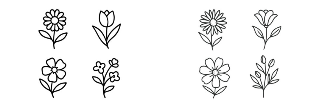 Floral designs with various flower types ideal for crafts and decorations created in simple line art style