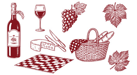 Vintage wine picnic illustration set. Red wine bottle, glass, grapes, cheese wedge, knife, wicker basket, baguette, blanket and vine leaves. French countryside picnic artwork