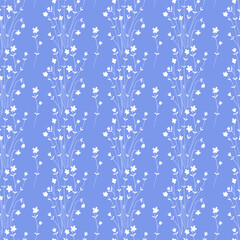 Seamless pattern with white twigs on blue background. Garlands of white bouquets. Cute floral ornament for wallpaper, wedding, fabric, card.