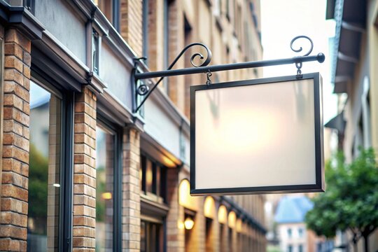 A white sign hanging from a building