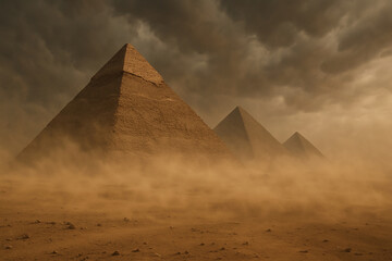 Pyramids in Cairo. Stunning view of the pyramids with sandstorm