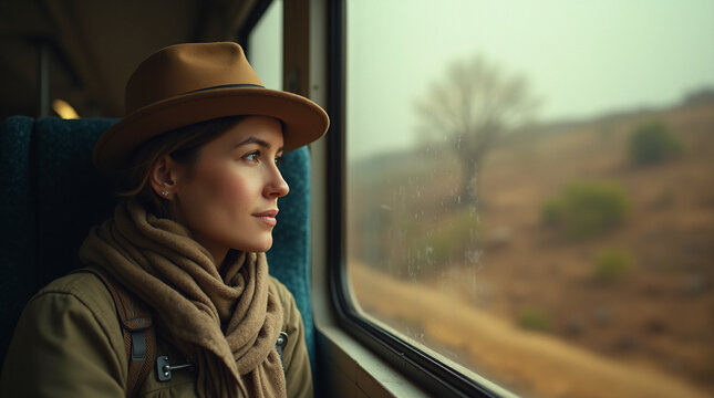 A candid shot of a traveler on a train, looking out the window at the scenery passing by.