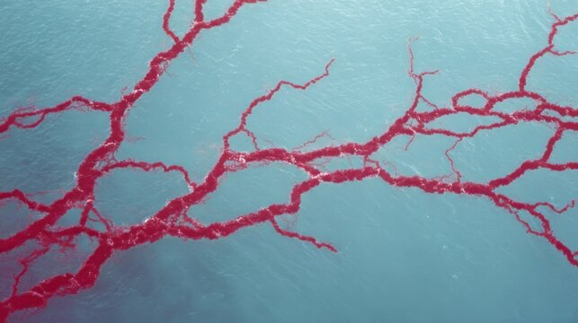 Red algae veins beneath icy aquamarine, invoking cosmic bloodstream, Earth Day homage, eco-resonance, marine tapestry artistry