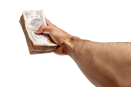 Hand holding a horizontal stack of 200 Egyptian pound banknotes