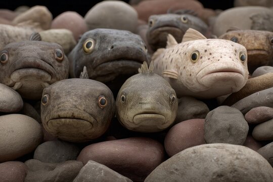 Ancient fishy visages lurk among river stones, echoing tales of Celtic Samhain and cryptic ichthyological mysteries, evoking aquatic folklore