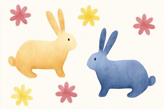 Two whimsical pastel bunnies frolic amid gleeful blooms, evoking Ostara's vibrant renewal and whimsical Scandinavian folklore