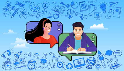 E-learning and online tutoring concept. A teacher and a student in a virtual class, communicating via speech bubbles with a background of school subject icons. A vector for distance education.