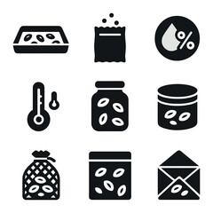Seed Drying Icons. Solid, filled icons set of seed drying and storage: drying tray, silica gel, humidity