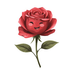A happy red rose with a smiling face and blushing petals, isolated on a white background. Sweet and charming.